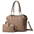 Brown PU leather tote bag set with embossed circular pattern and gold chain straps - Khaki