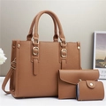 Brown litchi grain leather 3-piece bag set with tote, shoulder bag and card holder - Pin Buckle Style Earthy Yellow