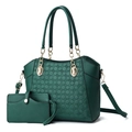 Dark green embossed PU leather tote and wallet set with elegant gold chain hardware - Green