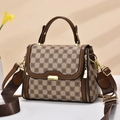 Retro checkered lady handbag with gold clasp and fashion jacquard strap in warm lighting - Large / Khaki