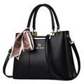 Bolso tote de cuero negro con logo dorado y pañuelo de seda decorativo en el asa - Negro (Con Bufanda Caqui)