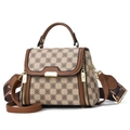 Retro beige and brown checkered crossbody bag with vintage floral pattern and wide strap - Small / Khaki