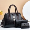 Three-piece black PU leather tote set with shoulder bag and wallet in a chic setup - Black