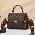 Stylish vintage brown checkered crossbody bag with floral pattern and wide shoulder strap - Large / Coffee