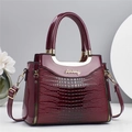 Burgundy faux crocodile leather handbag for women with gold zippers and shoulder strap - Burgundy