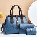 Three-piece set of blue textured PU leather handbags with a tote and envelope pouch - Blue