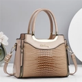 Elegant beige faux leather handbag with crocodile pattern and golden metal hardware - Khaki