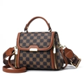 Retro dark brown checkerboard crossbody bag with flower patterns and golden zippers - Small / Coffee