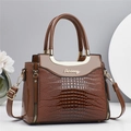 Brown crocodile embossed tote bag with gold metal U-shaped detail and leather top handles - Earthy Yellow