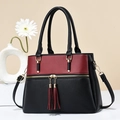 Contrast color patchwork leather handbag with tassel detail and large capacity shoulder strap - Burgundy & Black