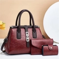 Three-piece set featuring burgundy PU leather tote bag with matching wallet and card holder - Wine Red