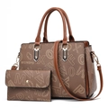 Braunes bedrucktes Handtaschen-Set mit passender Brieftasche und goldenen Beschlägen - Khaki und Erdgelb