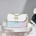 Floral gradient mini crossbody bag with golden swan clasp and wide woven strap - White