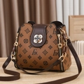 Brown and khaki color-block crossbody bag with floral pattern and gold clover lock - FAK Yellow-brown