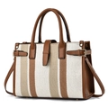Borsa tote retrò in tela a righe con finiture in pelle marrone e fibbie dorate - Cachi