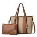 Three-piece striped tote bag set with matching pouch and wallet in brown and beige - 3-Pcs Set (Mustard Yellow) / Khaki/Earth Yellow
