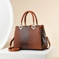 Elegant brown crocodile pattern tote bag with heart-shaped gold hardware and top handles - Khaki