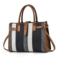 Borsa tote alla moda in tessuto a righe nere, bianche e grigie con manici in pelle marrone - Nero
