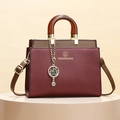Elegent burgundy and brown patchwork handbag with amber resin handle and cat charm - Red