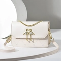 Elegant cream white quilted chain bag with gold swan heart buckle and pearl fringe detail - White