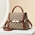Bolso bandolera retro de cuadros con asas de cuero y cierre dorado en soporte base - Cuadrícula Caqui