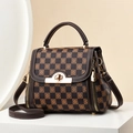 Retro brown checkerboard crossbody handbag with golden clasp and leather strap - Coffee Plaid