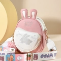 Pink and white heart-shaped crossbody bag with rabbit ears and colorful wide strap - Pink & White