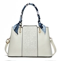 Elegant off-white embroidered handbag with silk scarf handle and pearl pendant detail - White (Includes Blue Scarf)