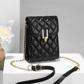 Elegant black quilted crossbody phone bag with gold metal chain and U-shaped lock hardware - Black