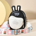 Black rabbit-shaped shoulder bag with heart pocket and colorful cartoon wide strap - Black & White