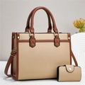 Fashionable beige and brown contrast two-piece tote bag set with textured leather - Khaki