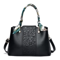 Elegant black PU leather handbag with embossed cloud patterns and silk scarf handle detail - Black (Includes Green Scarf)