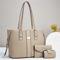Three-piece beige tote bag set with geometric lattice print and matching clutch accessories - Khaki