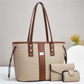 Detailed set of tote bag with wallet and card holder featuring brown geometric prints - Khaki & Mustard Yellow