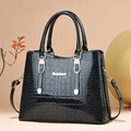 Chic black crocodile embossed glossy leather handbag with gold logo and shoulder strap - Dark Blue