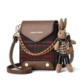 Brown leather and red-green plaid crossbody bag with a cute rabbit pendant - Khaki