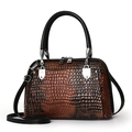 Sac à main rétro marron foncé motif serpent avec poignées noires et accents argentés - Jaune Terre
