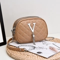 Caramel quilted crossbody bag with silver V logo and fringe in three-zipper design - Khaki