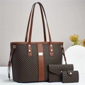 Three-piece retro brown checkered tote bag set with matching wallet and card holder - Coffee and Brown