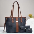 Three-piece tote bag set in blue geometric pattern with brown leather trim and gold hardware - Black and Brown