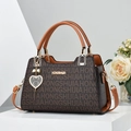 Large capacity dark brown monogram tote bag with top handles and pearl heart charm - Coffee & Yellow Print