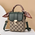 Mini borsa a tracolla a scacchi con tracolla verde scuro e manico avvolto in seta - Verde Scuro