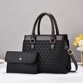 Brown geometric embossed tote bag and black pouch set with gold hardware handles - Black