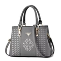Grey faux leather tote bag with geometric embroidery and top handles for women - Gray / 30*13.5*20cm