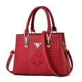 Deep red leather tote bag with embroidery and adjustable strap in trapezoidal design - Burgundy / 30*13.5*20cm