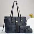 Three-piece dark blue quilted tote bag set with matching wallet and key pouch - Black With Black