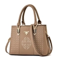 Brown leather handbag with intricate embroidery and gold metallic logo in 45-degree view - Khaki / 30*13.5*20cm