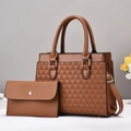 Brown faux leather tote bag with geometric embossed pattern and matching small clutch set - Earthy Yellow