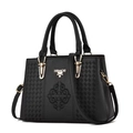 Chic black litchi pattern leather handbag for women featuring golden brand lettering and embroidery - Black / 30*13.5*20cm