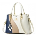 Three-color contrast tote bag in navy, khaki and cream with gold hardware and charm - White and Blue